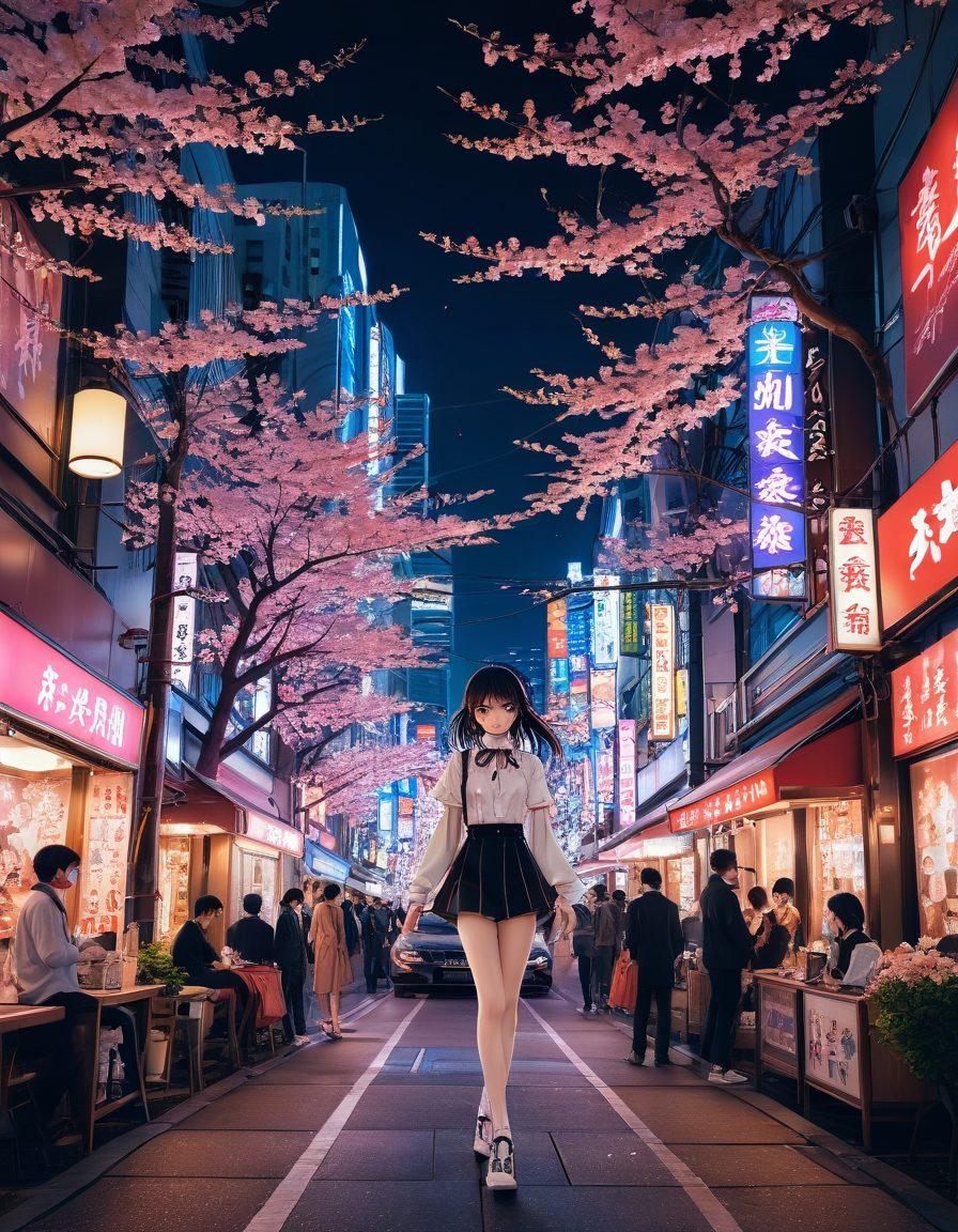 A captivating scene showcasing the fusion of anime culture and adult entertainment, featuring a collage of beautifully illustrated anime characters in dynamic poses, surrounded by elements symbolizing adventure, creativity, and sensuality such as cherry blossoms and neon lights. Include a vibrant color palette with rich details to accentuate the allure of high-quality hentai. The background should hint at a lively Tokyo street, merging fantasy with reality. super-realistic. vibrant colors. cinematic lighting.