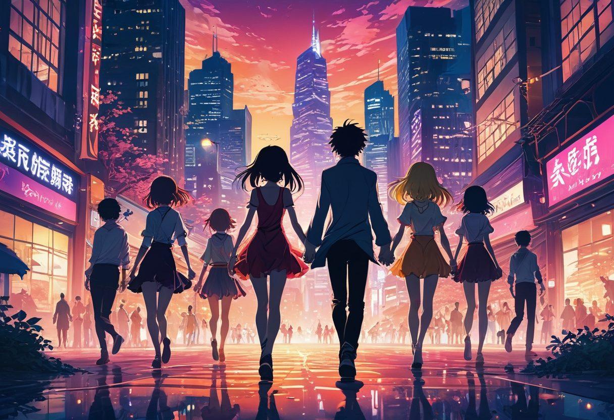 A colorful, dynamic scene featuring a diverse group of anime characters in whimsical poses, each expressing various emotions of love and passion. The background should blend elements of a vibrant cityscape with ethereal fantasy, illustrating the blend of sexuality and artistry in hentai. Include soft lighting and intricate details in character design to enhance the allure. The style should convey a sense of playfulness while remaining mature and artistic. vibrant colors. anime style. 